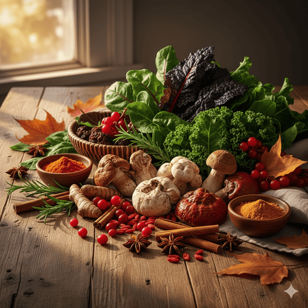 Alimentos para fortalecer el sistema inmunológico: hongos medicinales, bayas goji y superfoods sobre mesa natural
