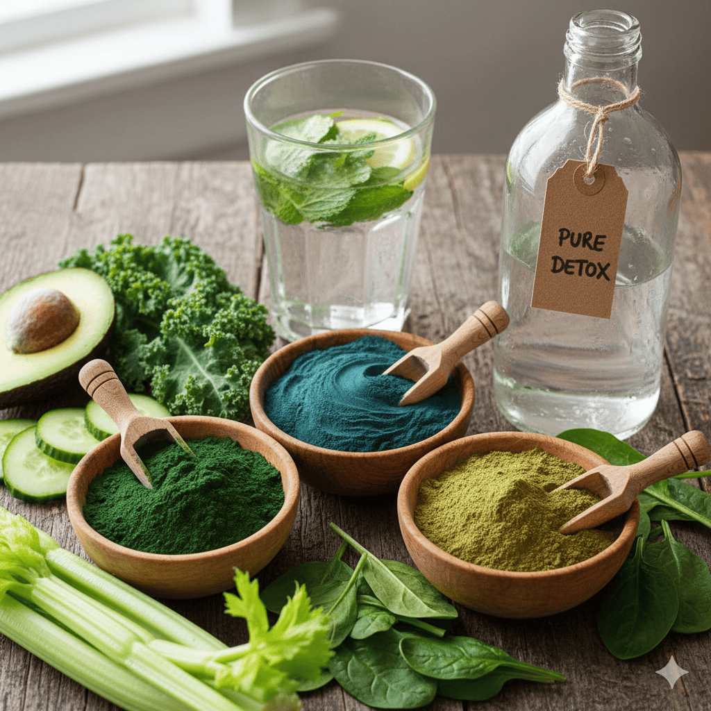 Superfoods naturales para desintoxicar el cuerpo: chlorella, spirulina y moringa en polvo