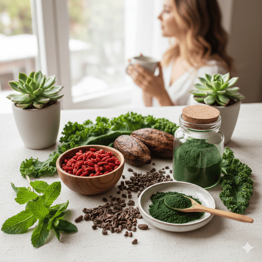 Superfoods para un skincare natural incluyendo goji berries cacao y spirulina sobre mesa